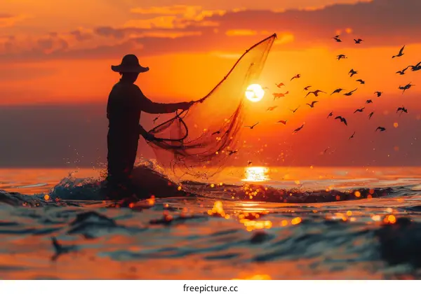 Southeast Asian fisherman at sunset with net and birds flying