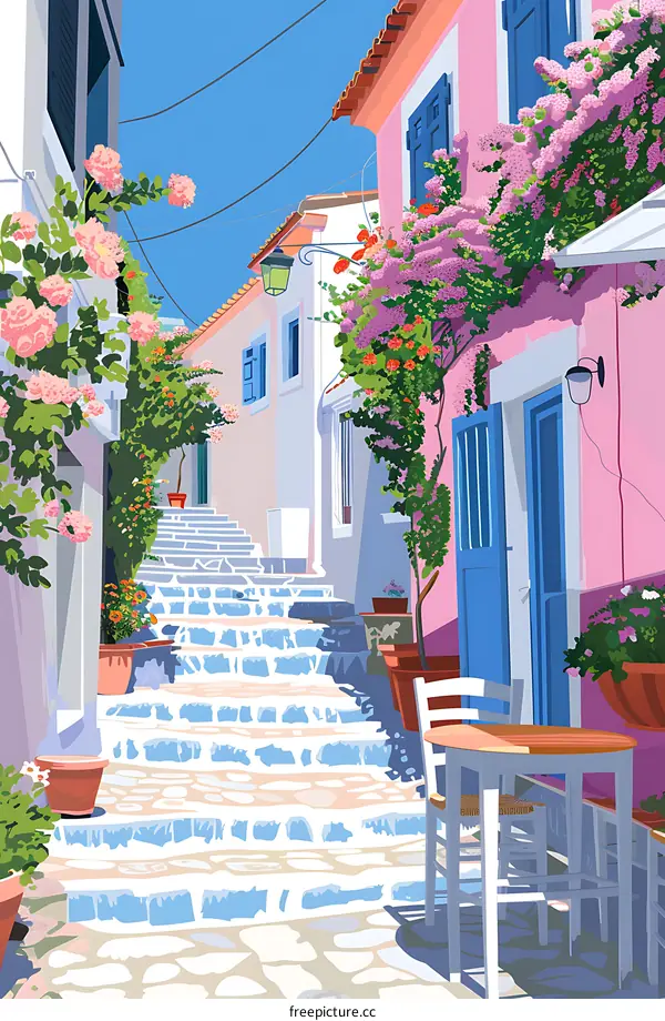 Beautiful Street with Stone Stairs and Pink Flowers in Greece