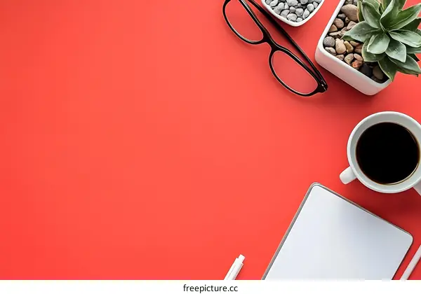 Red Desk with Coffee, Plant and Tablet