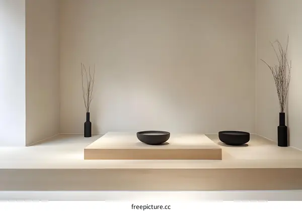 Minimalist Japanese Style Interior Design with Wooden Platform and Black Vases
