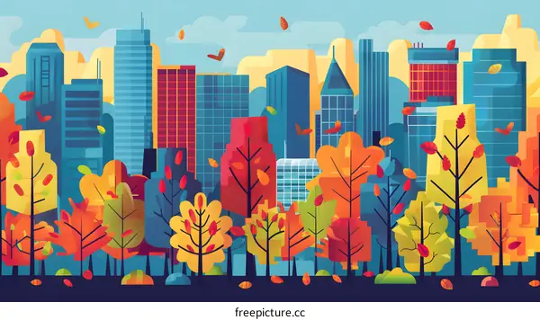 Autumn Cityscape with Colorful Trees