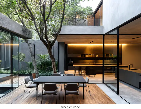 Modern Interior Design with Glass Walls and a Courtyard
