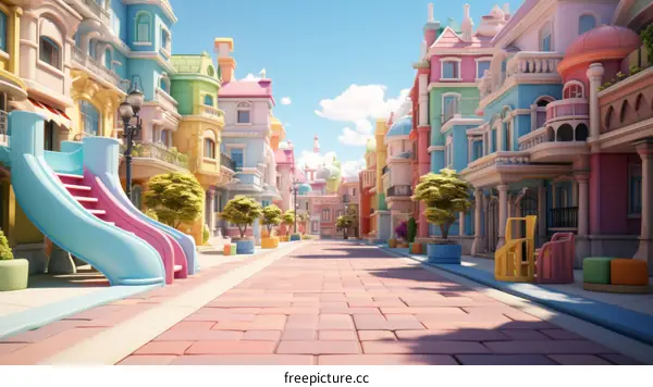 A Whimsical Street with Pastel Buildings, Trees, and a Pink Slide