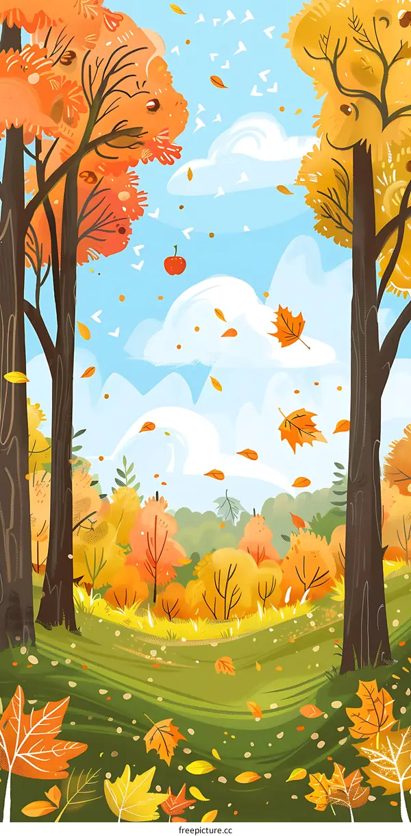 Autumn Forest Illustration with Falling Leaves
