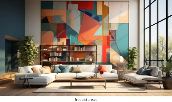 Modern Living Room with Large Abstract Painting