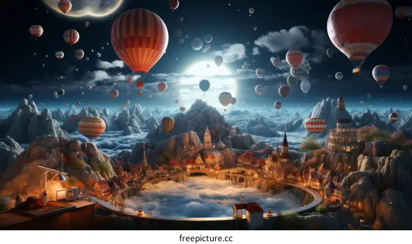 Fantasy world with floating islands and hot air balloons
