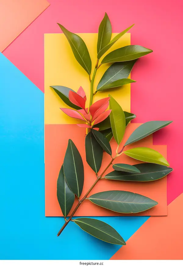 Green Leaves Branch on Colorful Background