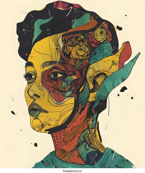 Abstract Portrait of a Black Woman with Detailed Lines and Shapes