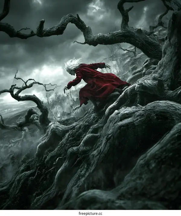 Woman in Red Robe Running Through Dark Forest