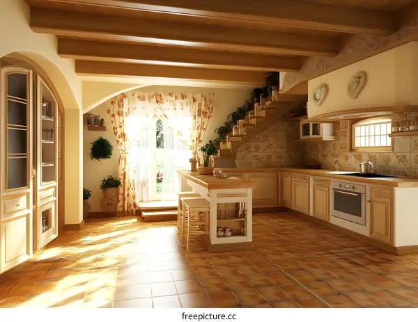 Rustic Kitchen Interior Design With Wooden Beams And Tiled Floor