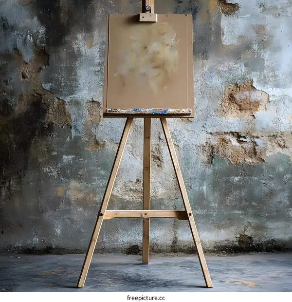 Wooden Easel With Blank Canvas Against Rustic Wall