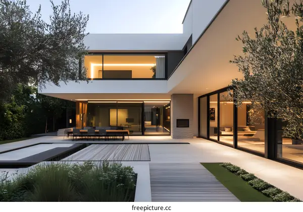 Modern Patio with Minimalist Architecture and Lush Greenery