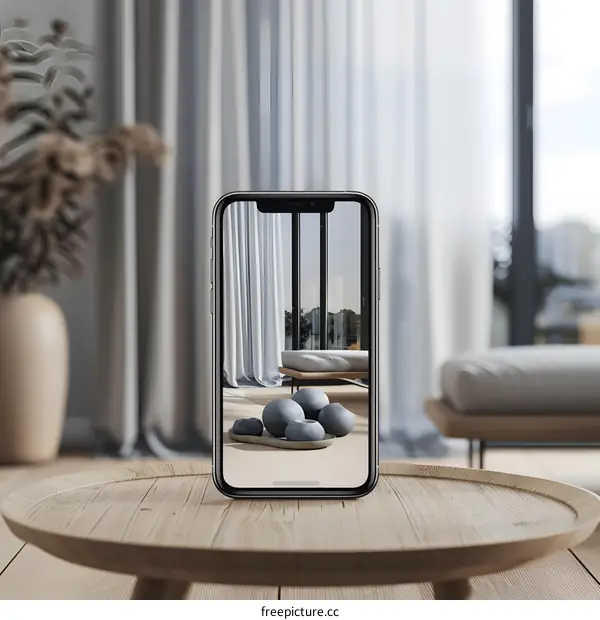 Modern Home Design Mockup with a Phone on a Wooden Table