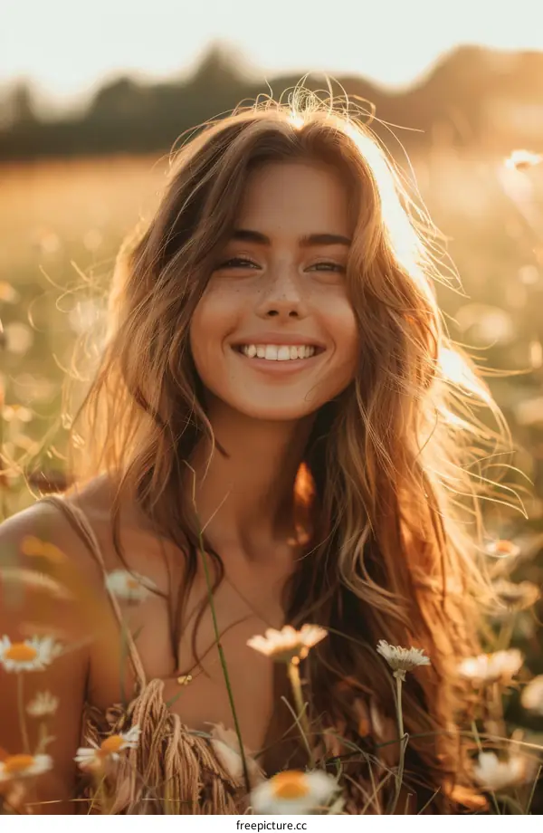 Smiling Woman in a Field of Flowers
