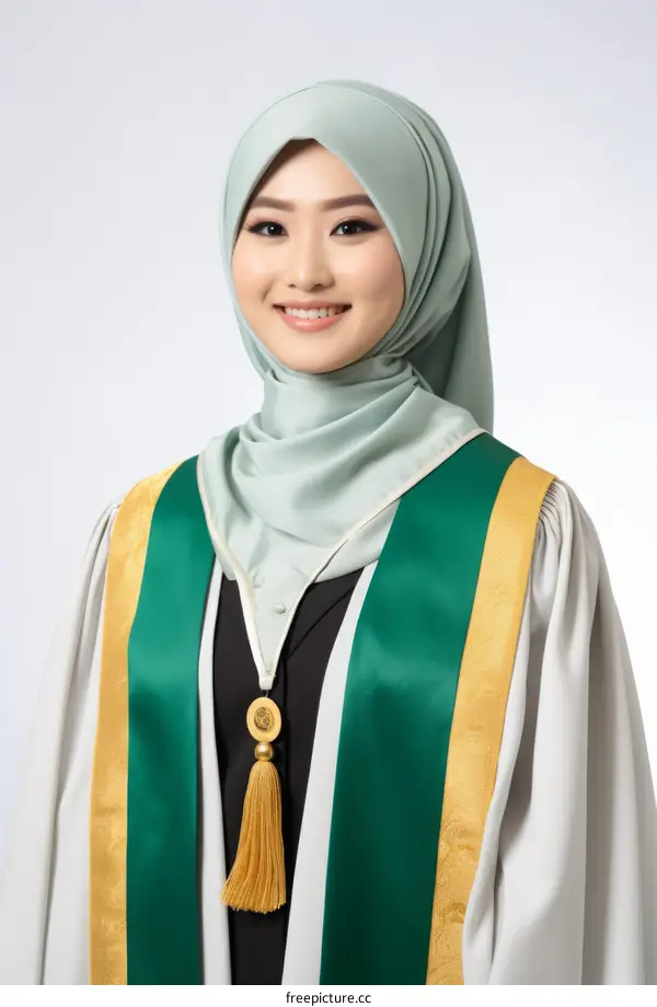 A young woman in a hijab smiles while wearing a graduation gown.