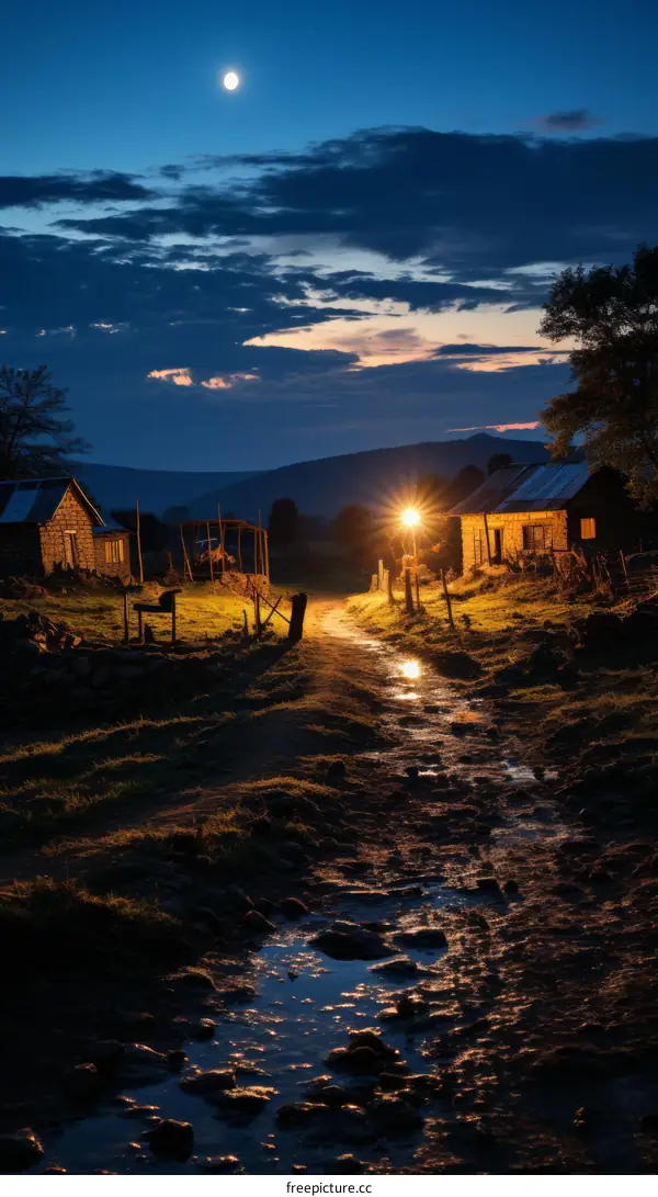 Rural Village Landscape at Night with Bright Moon and Illuminated Houses