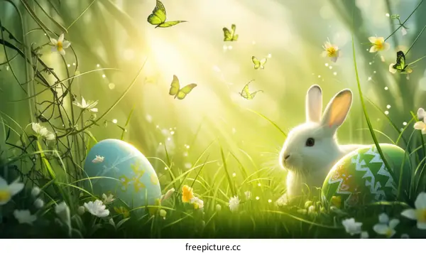 White Rabbit Surrounded by Easter Eggs and Butterflies