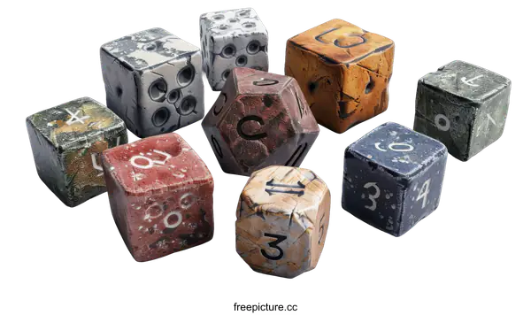[Transparent Background PNG]Collection of ten unique dice on a black background
