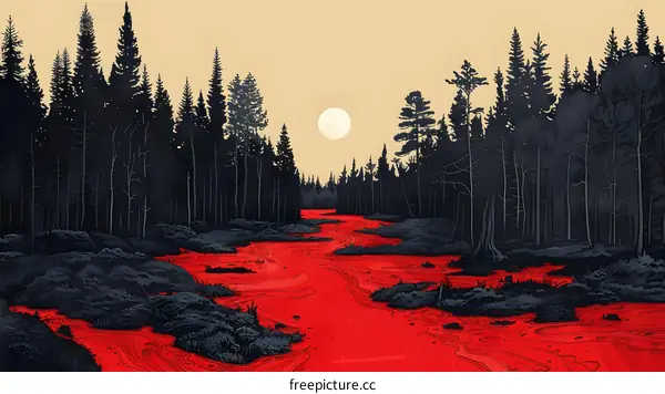 A river of blood flows through a forest