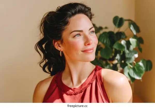 Smiling Woman in a Red Top with Sunlight