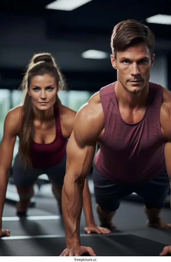 A man and a woman doing push-ups in a gym
