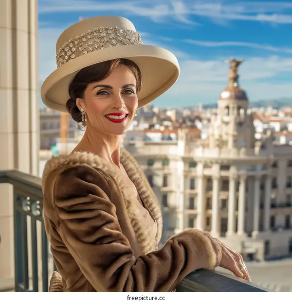 Elegant woman wearing fur coat and hat smiling at the camera