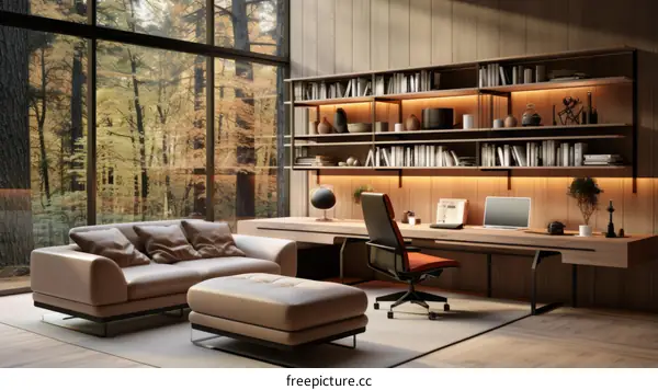 A modern home office with a desk, chair, bookshelves, and large window overlooking a vibrant forest