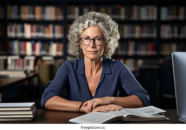 Confident senior female librarian sitting at desk in library