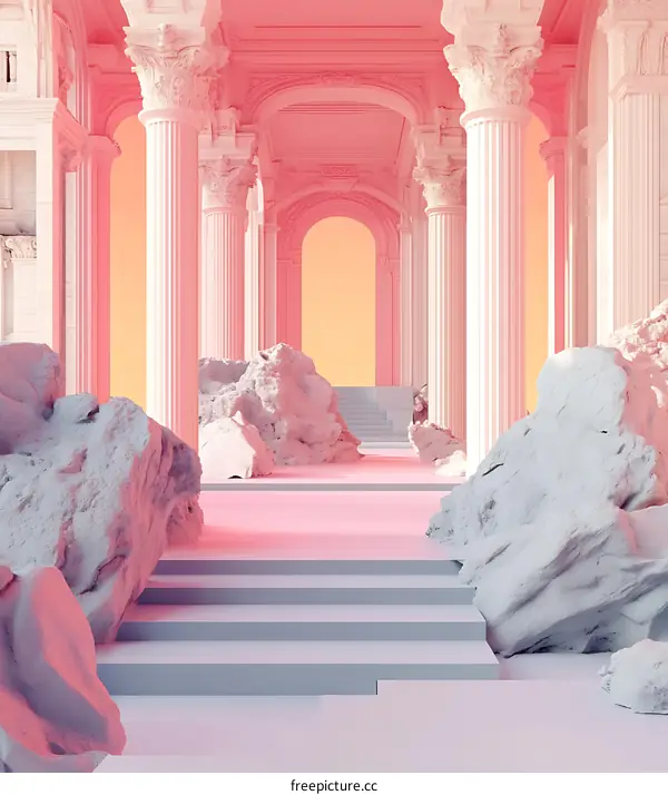 Surreal Architectural Structure With Pillars And Rocks