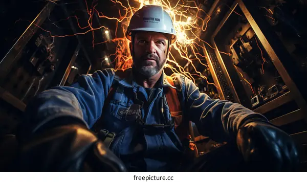 technician in a hard hat with sparks of electricity around his head
