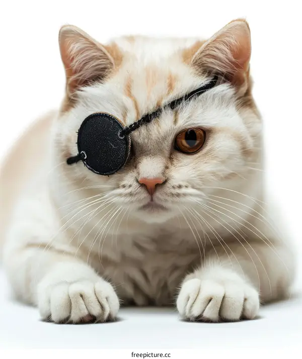 A ginger and white cat wearing an eye patch