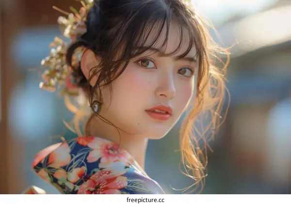 Beautiful Asian Woman in Traditional Japanese Kimono