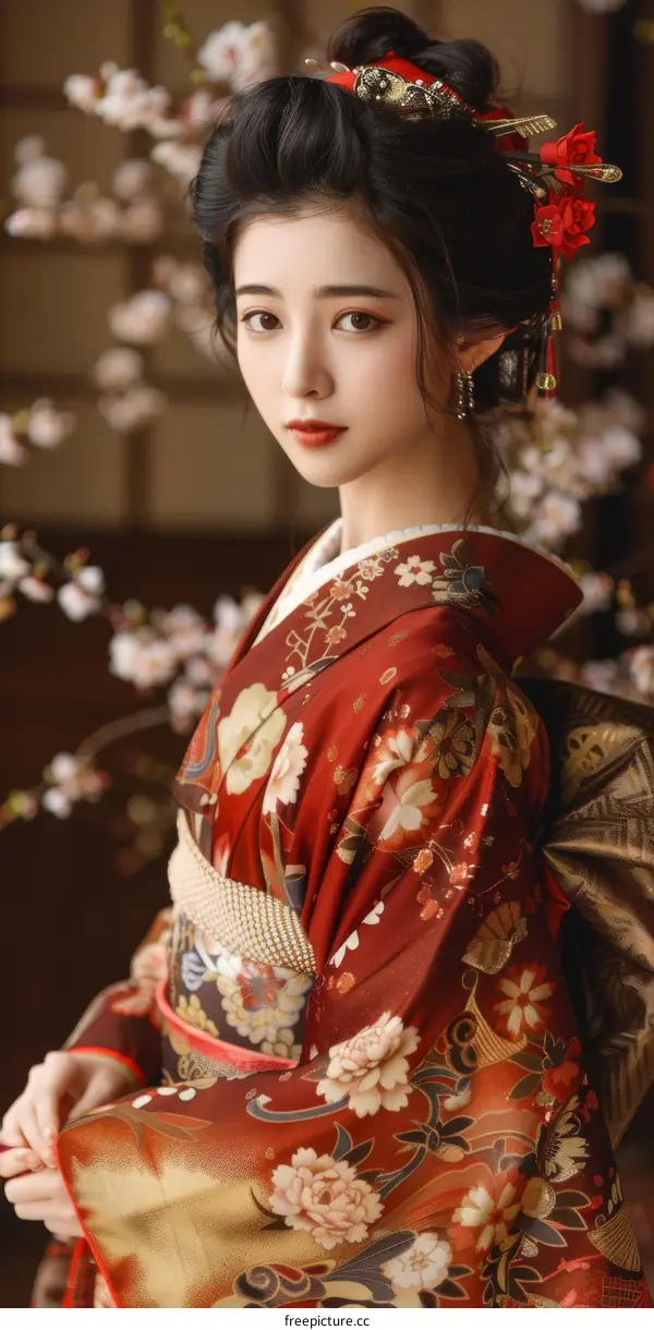 Portrait of a beautiful young woman in a kimono