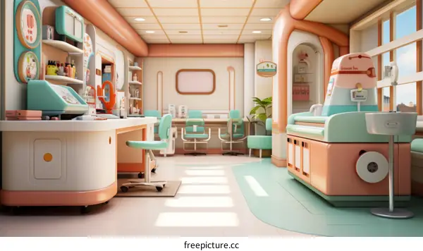 A retro futuristic themed pet hospital interior