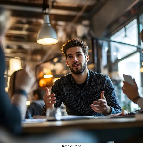 Young Man Talking To Colleagues At Cafe