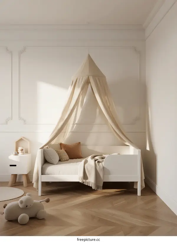 Minimalist children's room with canopy bed and soft decor