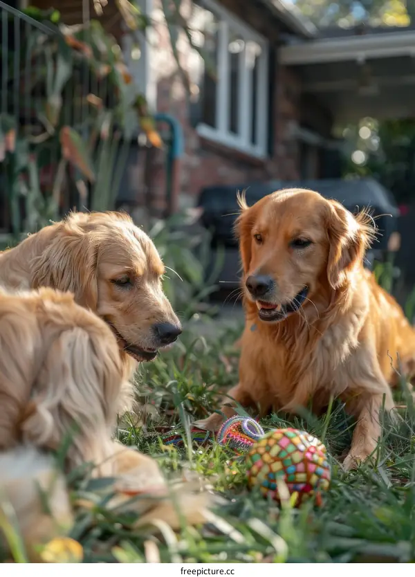 Three Golden Retrievers playing with a ball in the backyard