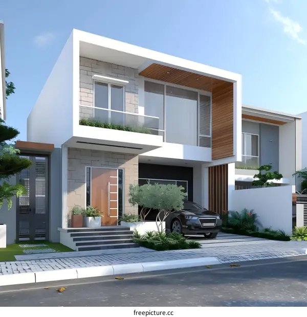 Modern Two Story House Design with Stone Facade and Large Windows