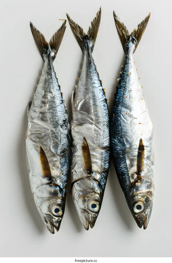 Three Whole Salted Mackerel on White Background