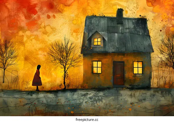 alone girl in front of house