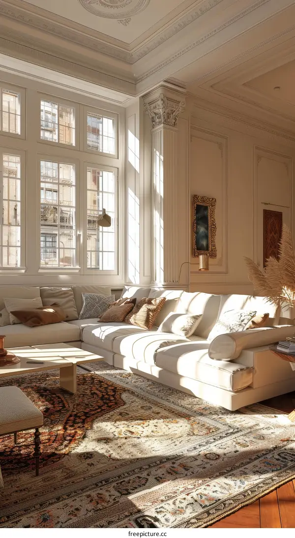 Modern Living Room Interior with White Sofa and Large Windows