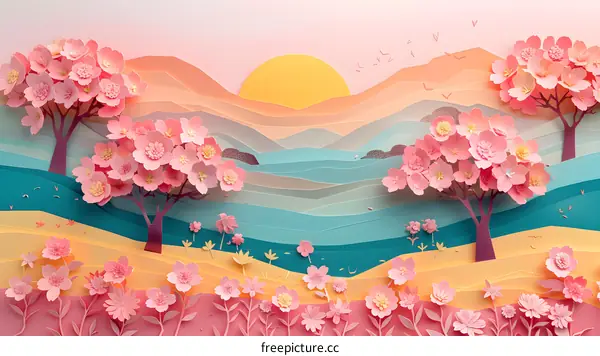 Pink paper cut landscape with cherry blossoms