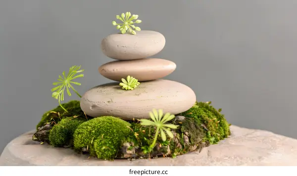Stacked Stones with Green Moss and Flowers on Grey Background
