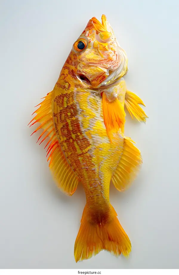 A yellow fish with red fins