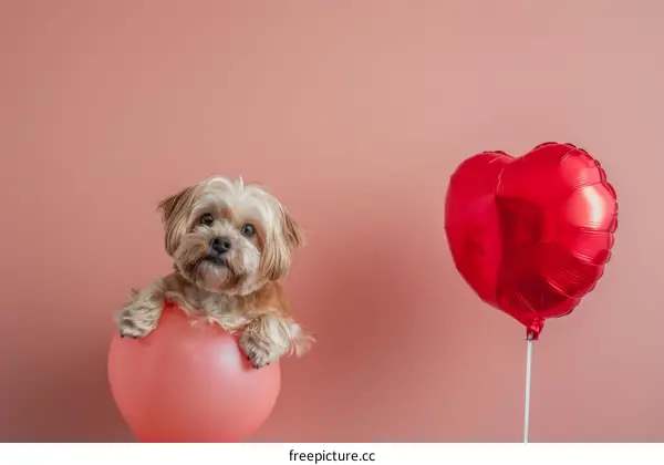 A cute dog sits beside a red heart-shaped balloon