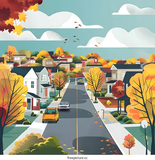 Autumn Day in the Suburbs with Yellow and Red Trees