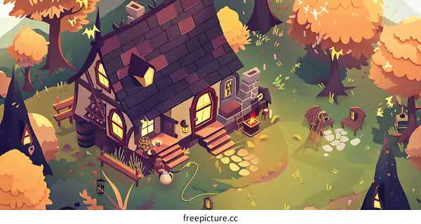 Cozy Cottage in a Forest Illustration