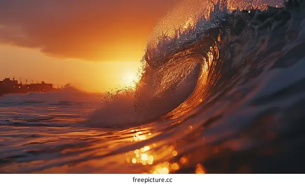 Huge wave with sunset in the background