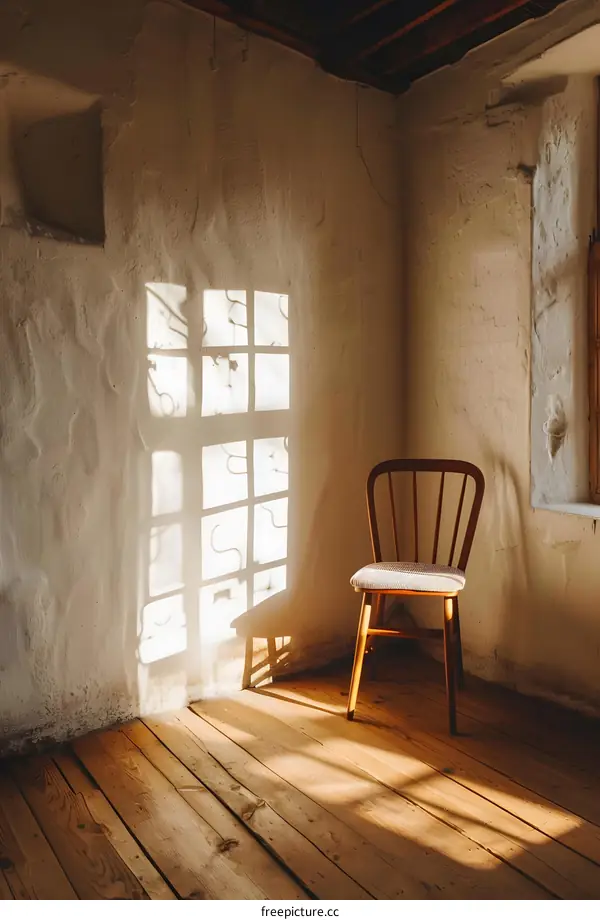 Sunlight Streaming Through Window in Empty Room with Wooden Chair
