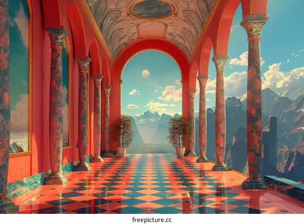 Red and Blue Checkered Tiles in a Hallway with Columns